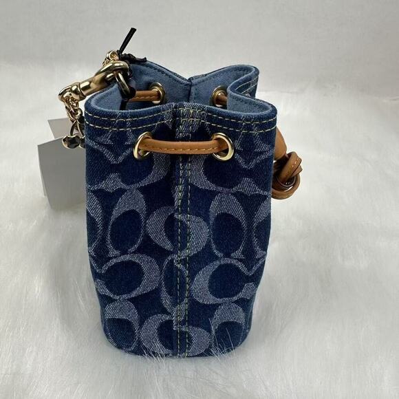 Coach Drawstring Wristlet In Signature Denim Gold/Denim Blue Natu… - Picture 4 of 12